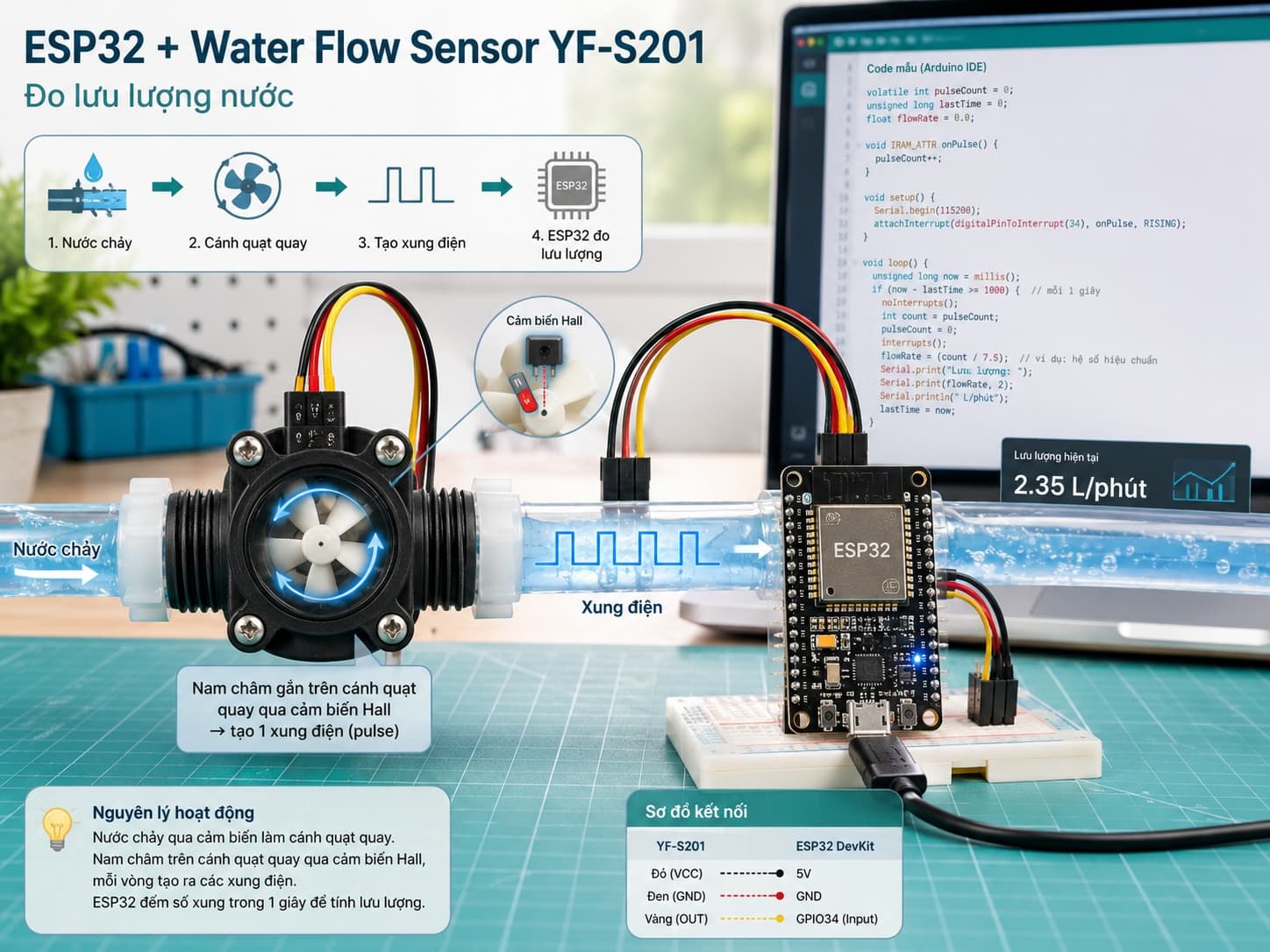 ESP32 + Water Flow Sensor YF-S201: Đo Lưu Lượng Nước — Code Mẫu Chạy Được Ngay