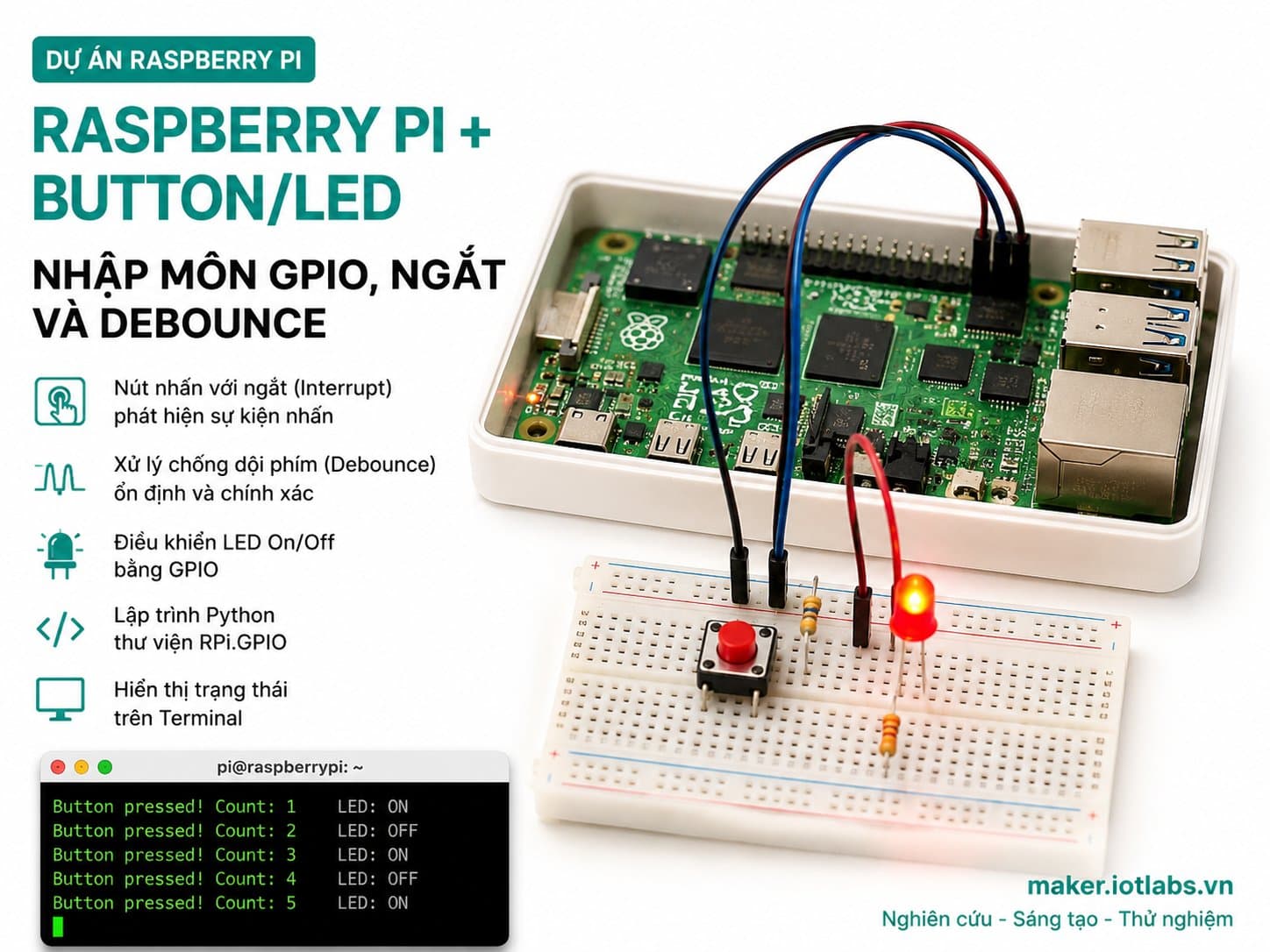 Raspberry Pi + Button/LED: Nhập môn GPIO, ngắt và debounce