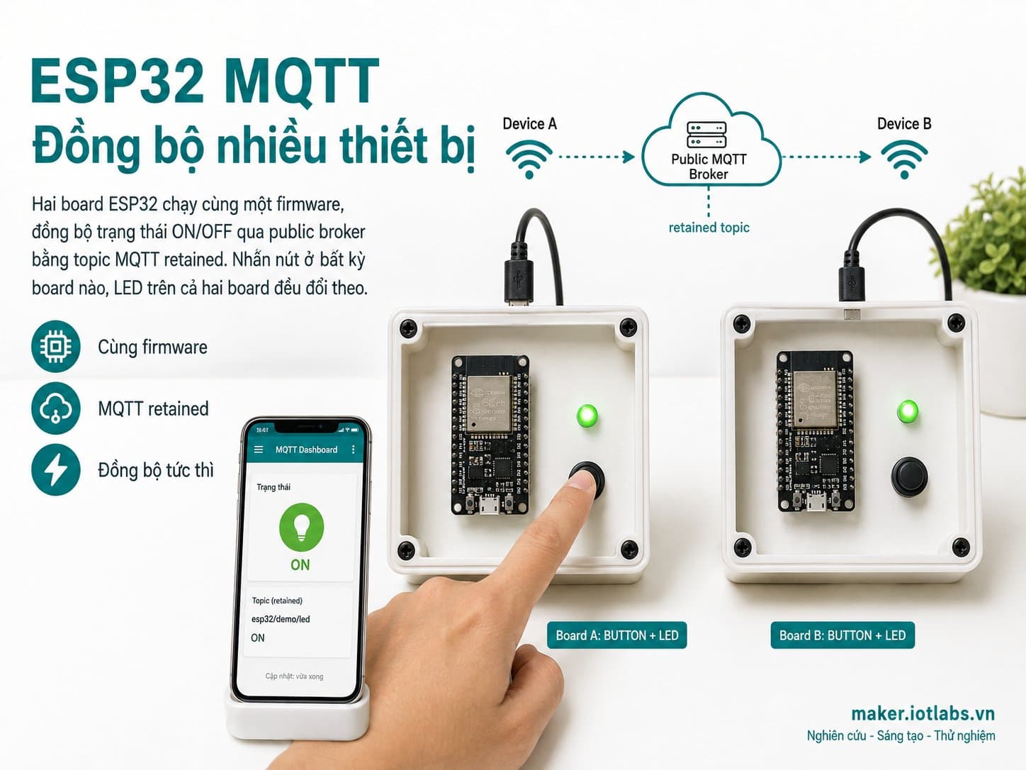 ESP32 MQTT: Đồng bộ nhiều thiết bị qua public broker