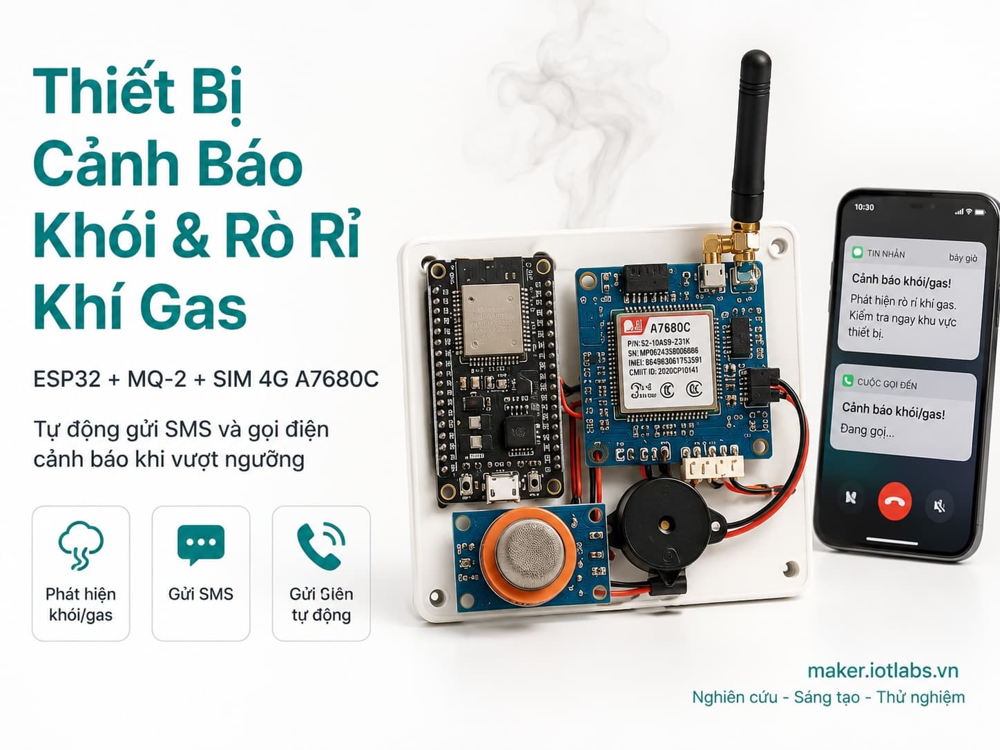 Thiết Bị Cảnh Báo Khói & Rò Rỉ Khí Gas Qua SIM 4G – Gửi SMS + Gọi Điện Tự Động