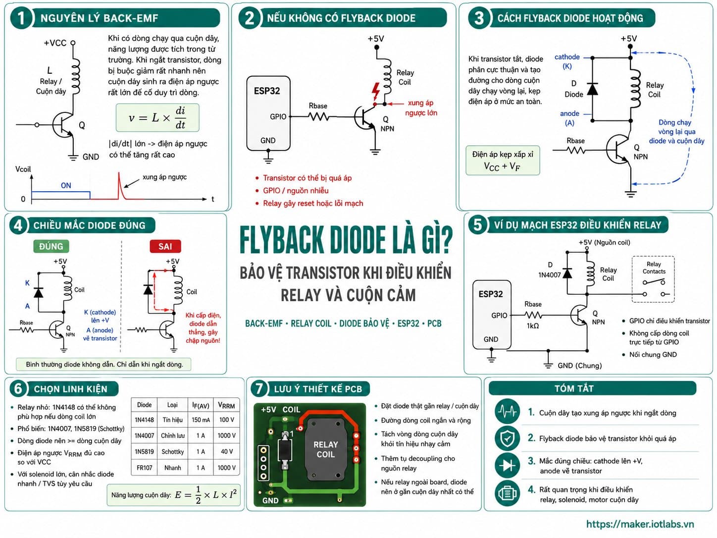 Flyback Diode là gì? Mạch bảo vệ transistor khi điều khiển relay và cuộn cảm