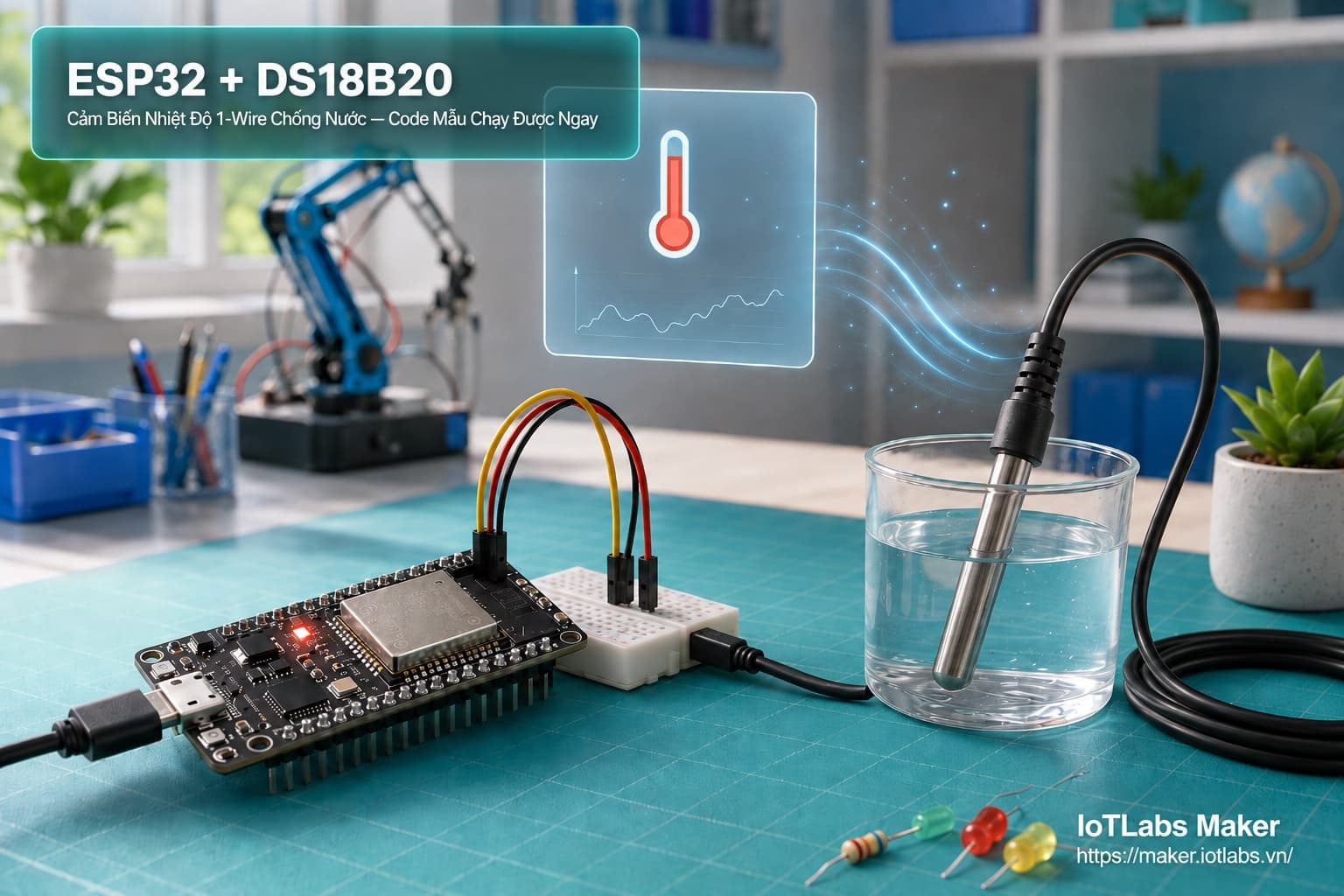 ESP32 + DS18B20: Cảm Biến Nhiệt Độ 1-Wire Chống Nước (Code mẫu test nhanh)