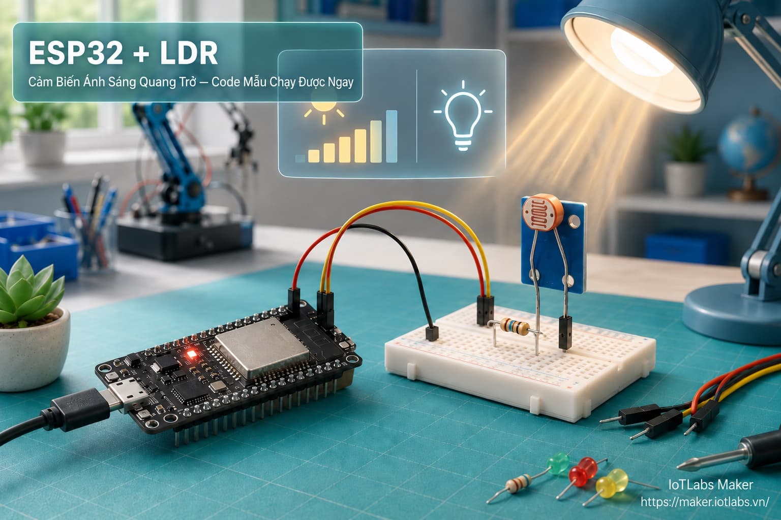 ESP32 + LDR: Cảm Biến Ánh Sáng Quang Trở (Code mẫu test nhanh)