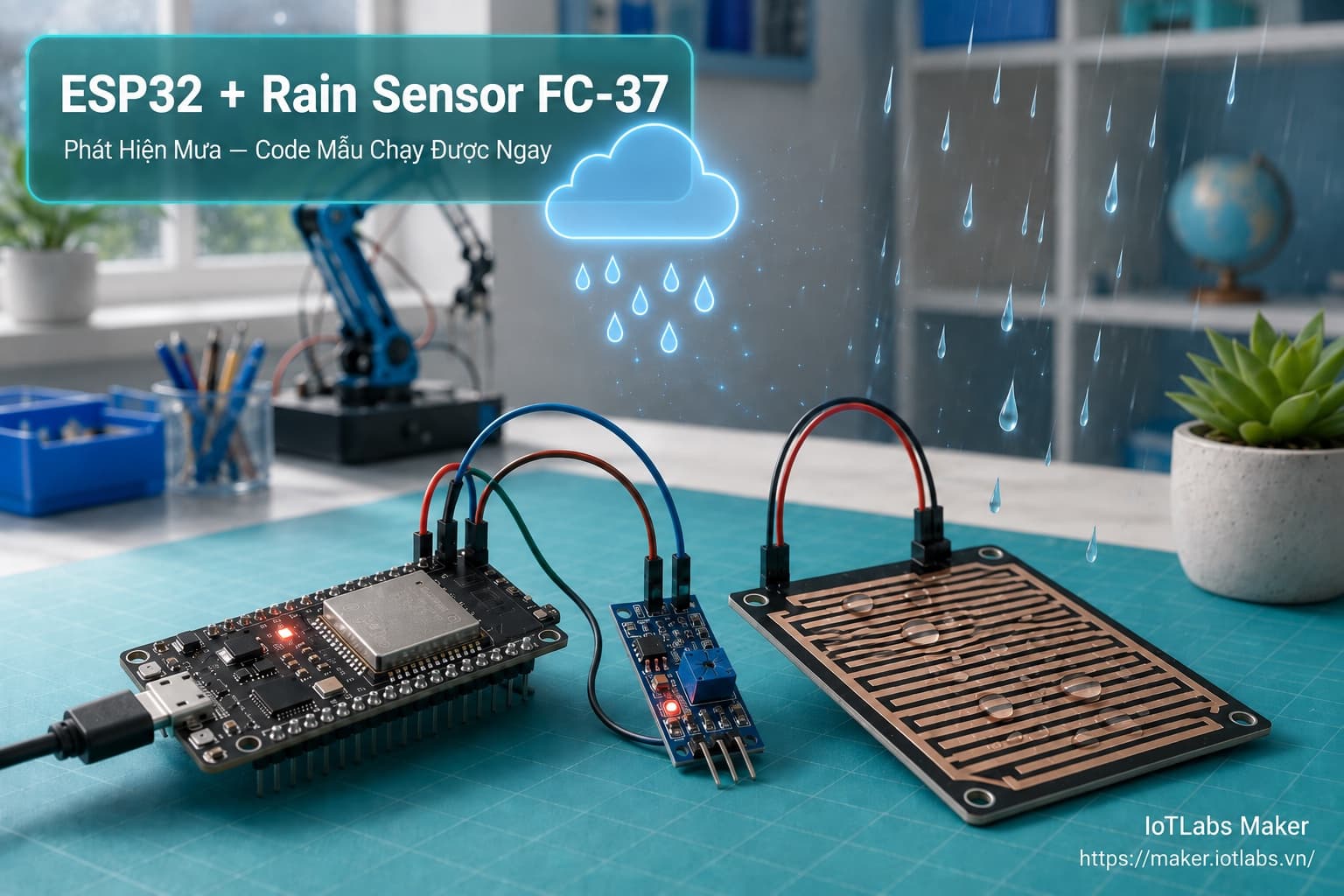 ESP32 + Rain Sensor FC-37: Phát Hiện Mưa (Code mẫu test nhanh)