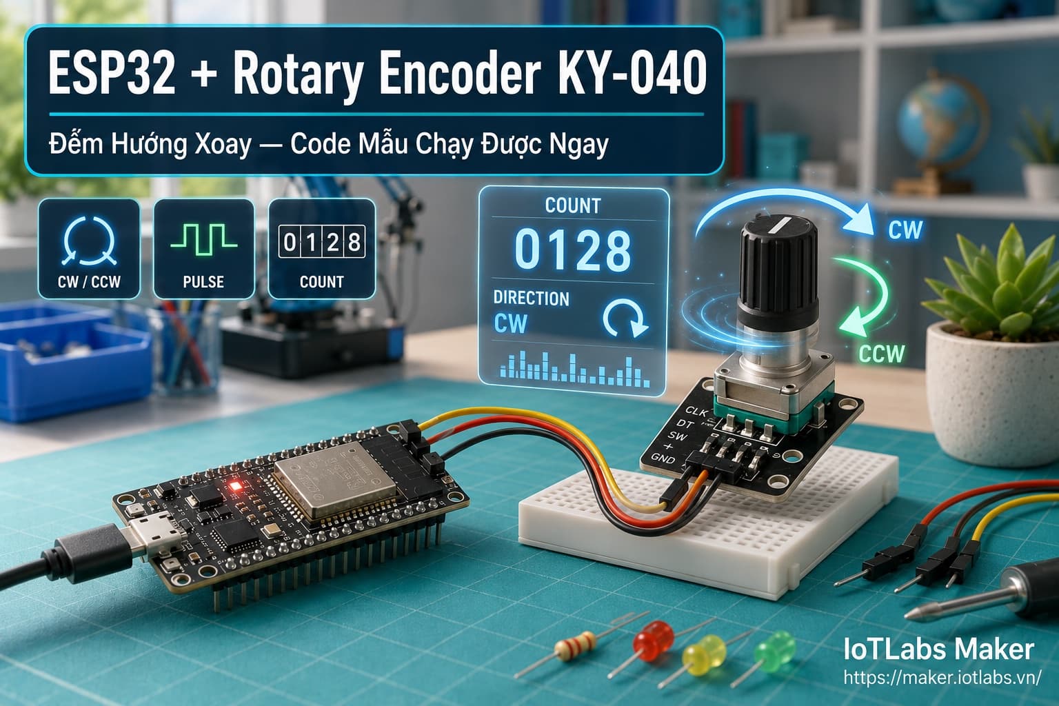 ESP32 + Rotary Encoder KY-040: Đếm Hướng Xoay (Code mẫu test nhanh)