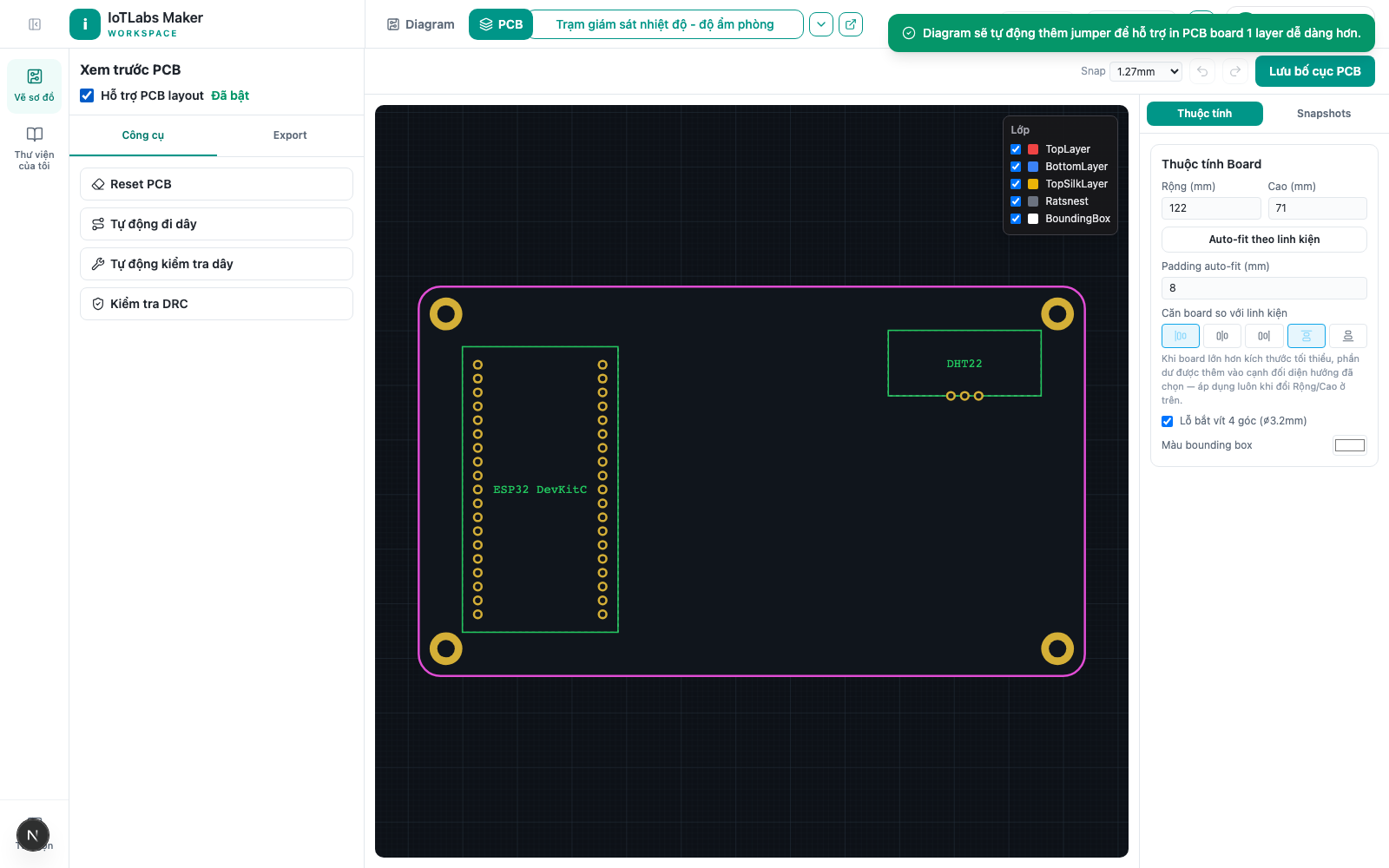 Board ESP32 + DHT22 vừa bật PCB layout, hiện ratsnest